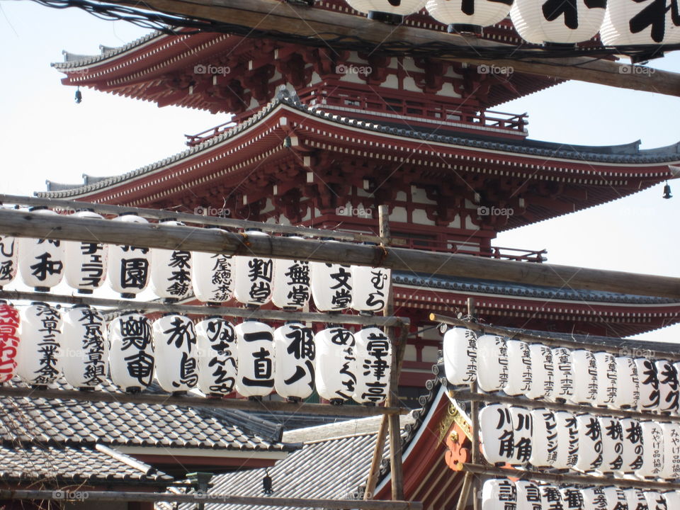 Japanese Paper Lanterns and Pagoda.  Asakusa Kannon, Sensoji Buddhist Temple and Gardens. Tokyo, Japan.