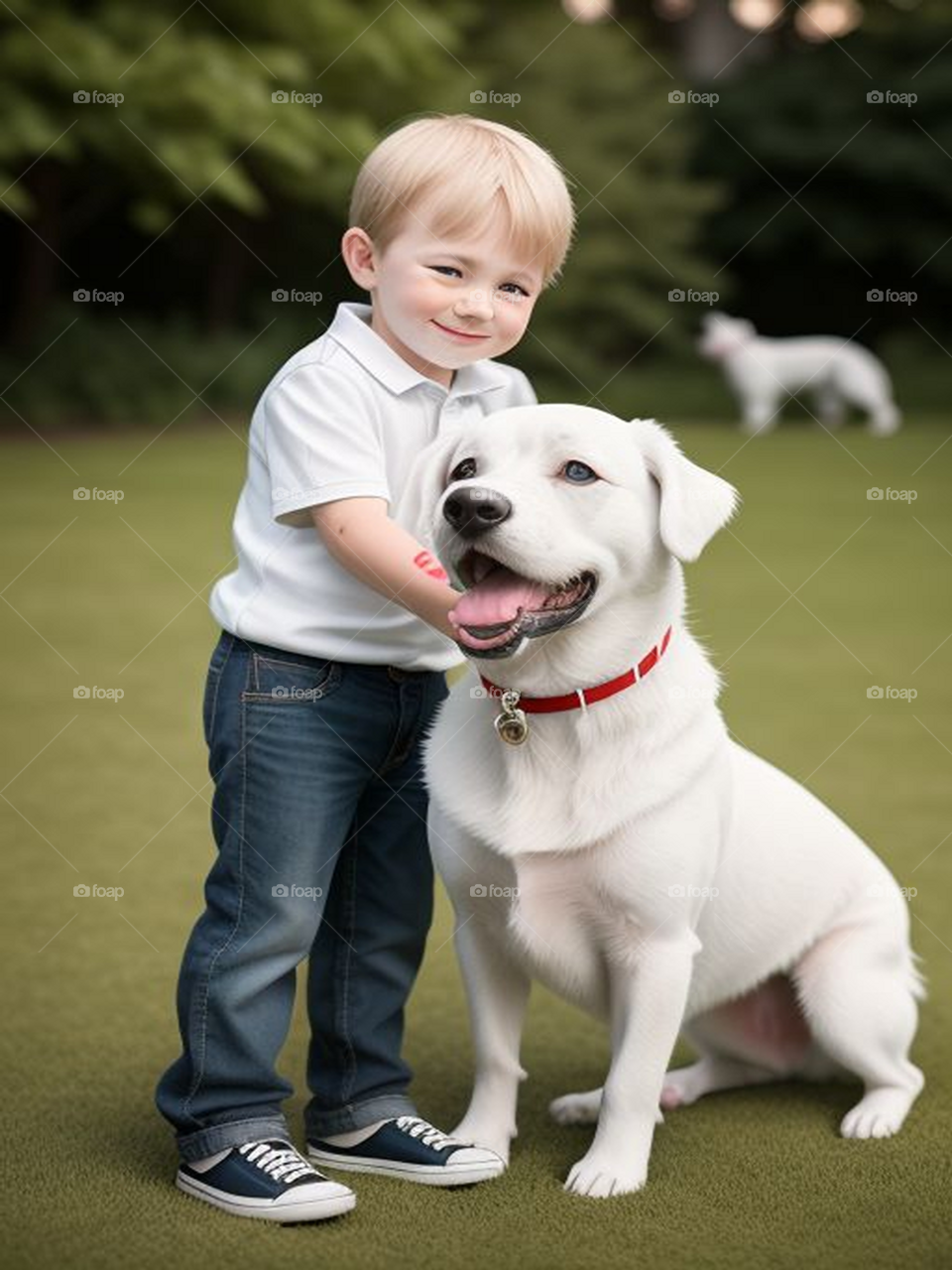 Toddler playing with his dog