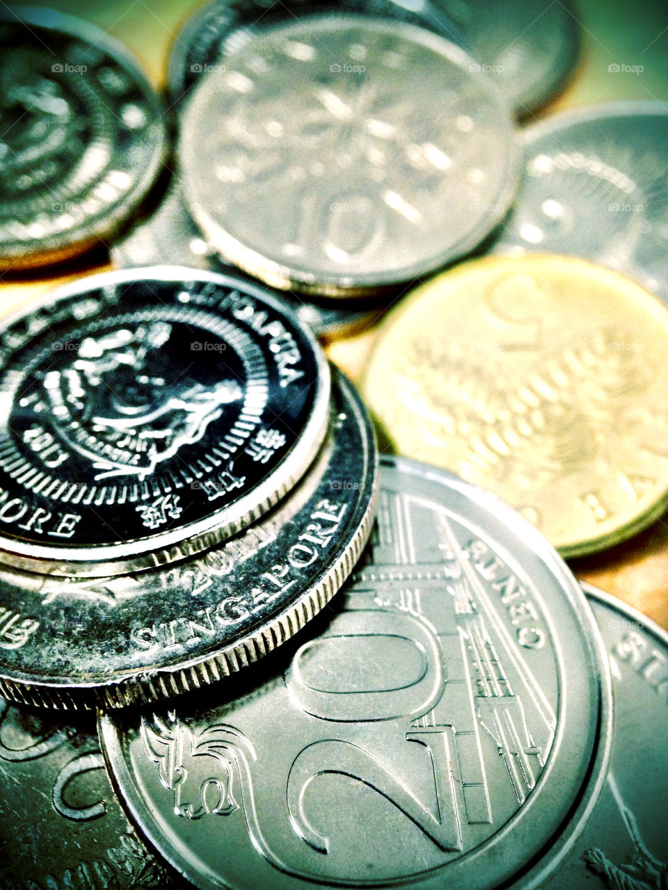 Closeup of singapore coins