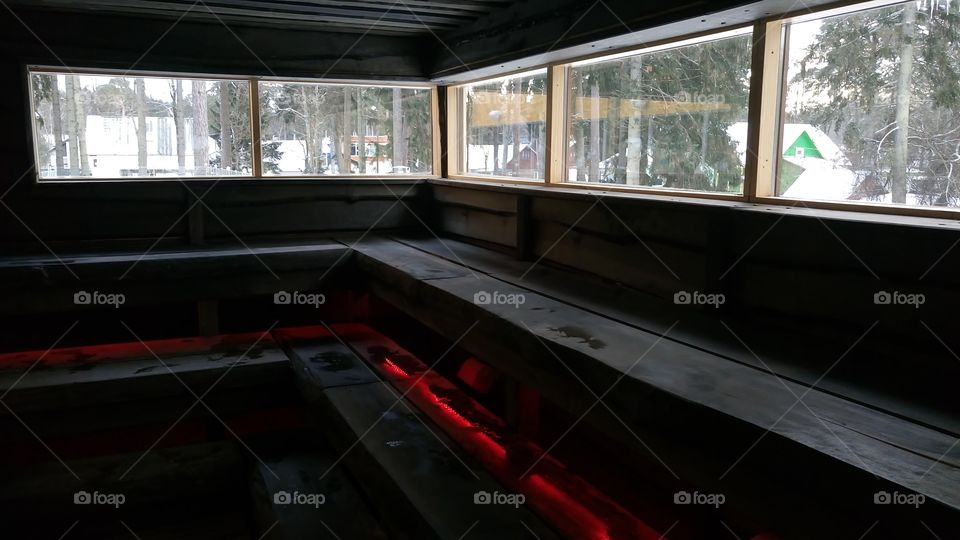 View of the winter forest from the sauna, Estonia