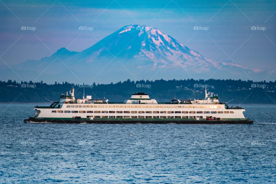 Washington state ferry in front of Mt. Rainier,  near Edmonds.
