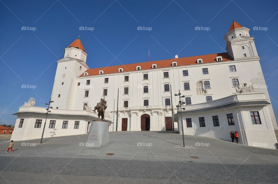 Bratislava castle with statue of King Svatopluk, Slovakia