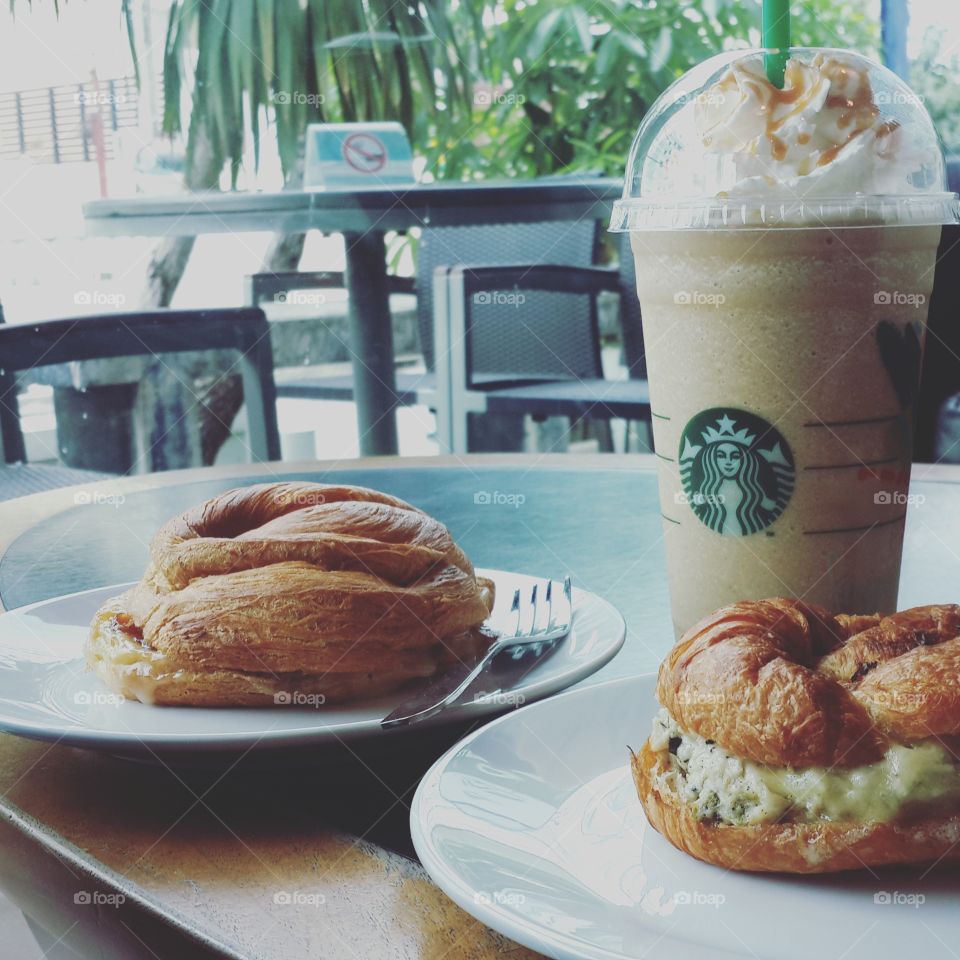 Starbucks Croissant with Cheese and a Caramel Machiato
