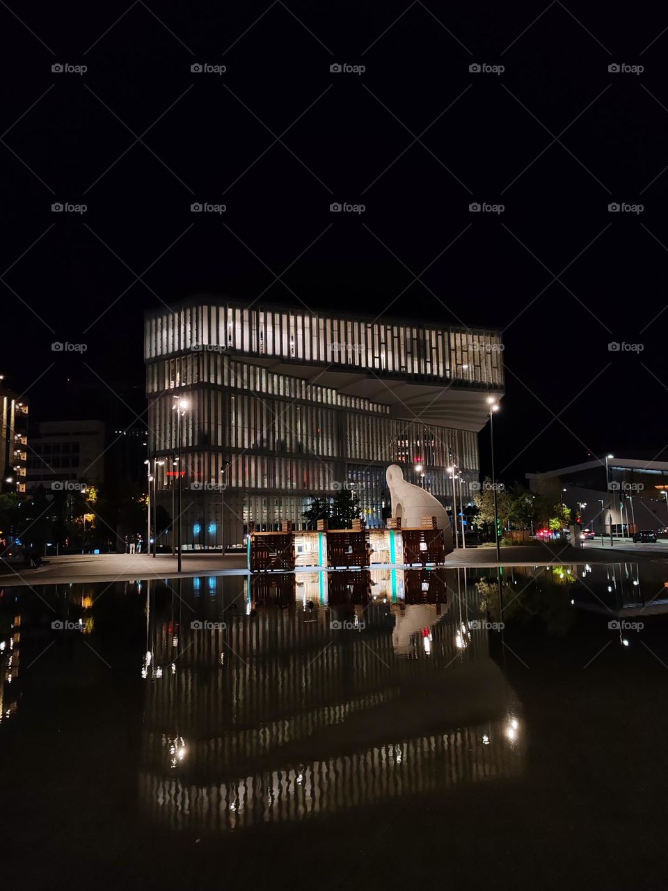 The surrounding area appears peaceful, with a few lights illuminating nearby trees and paths, adding a touch of nature to the urban setting.