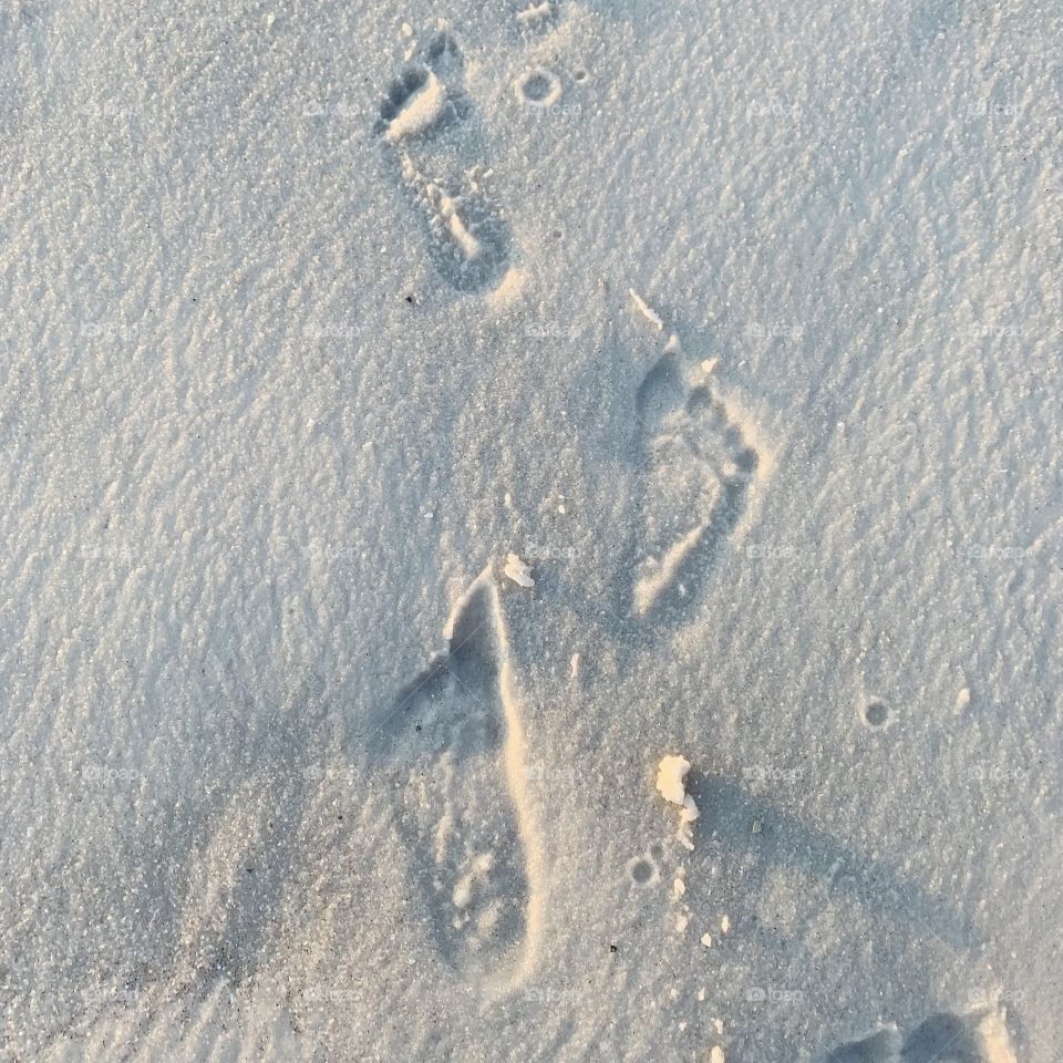 Baby foot prints in white sand beach on emerald coast Gulf of Mexico 