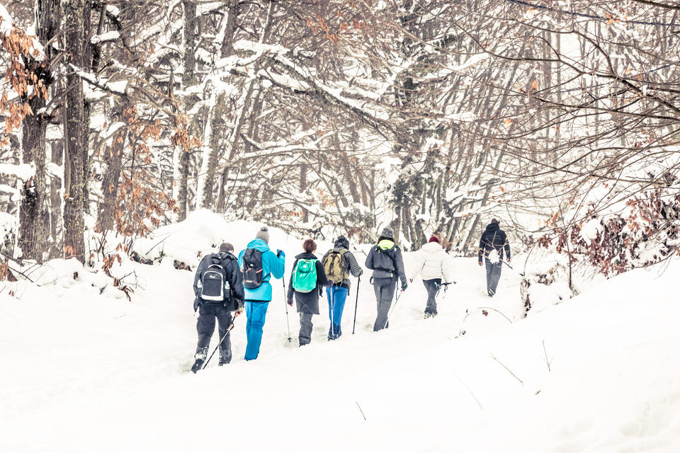 Group Of People Hiking On Snowy Mountain In Winter
