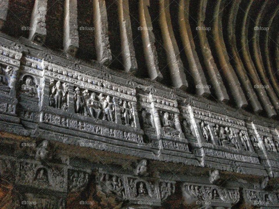 Buddhist sculpture inside cave at Ajanta 