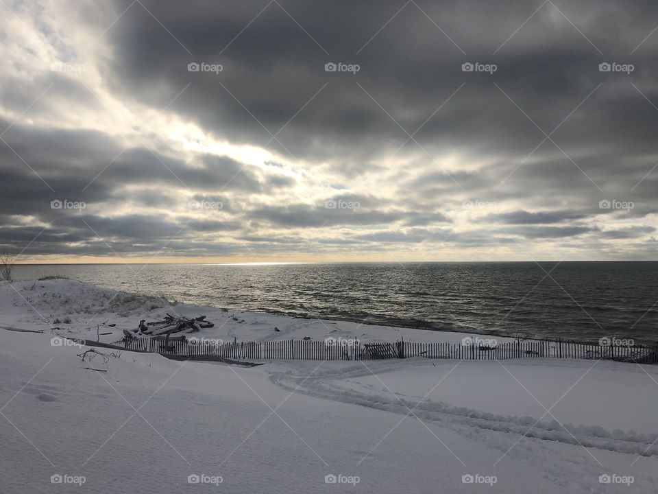 Snowy beach at Lake Michigan 