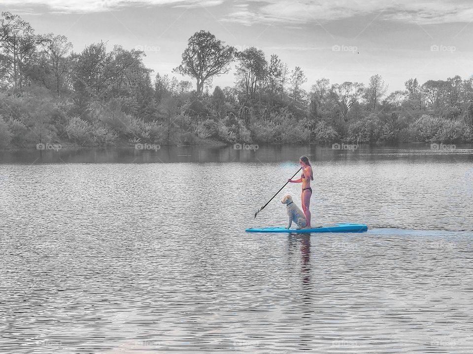 color splash woman paddling with dog
