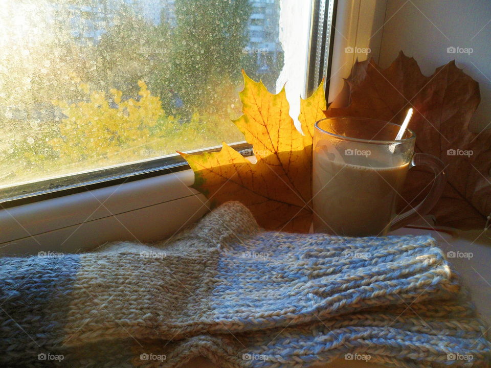 knitted warm socks, autumn leaves and a cup of coffee with milk