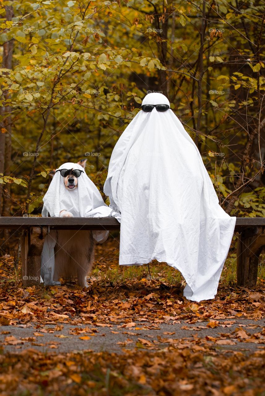 A woman and dog dressed up as ghosts for halloween