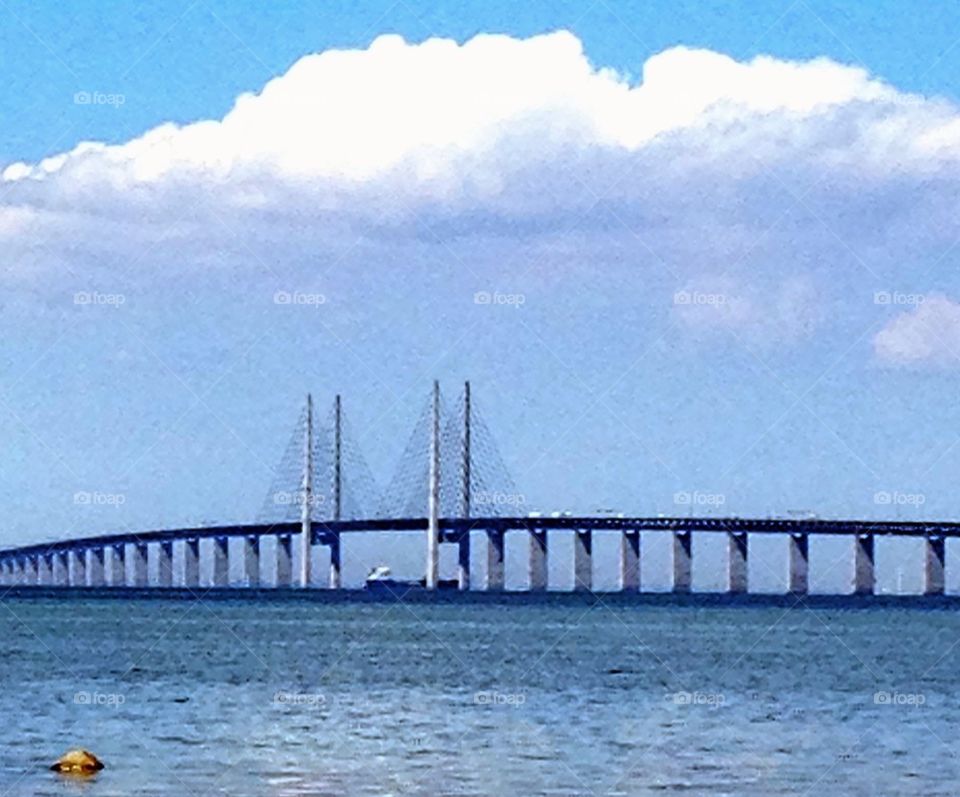 Öresundsbron , boat, water, sky, clouds
