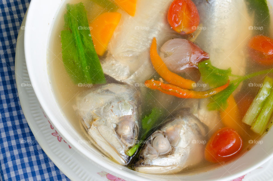 Spicy lemon grass fresh mackerel soup, Tom Yam, Delicious Thai food.