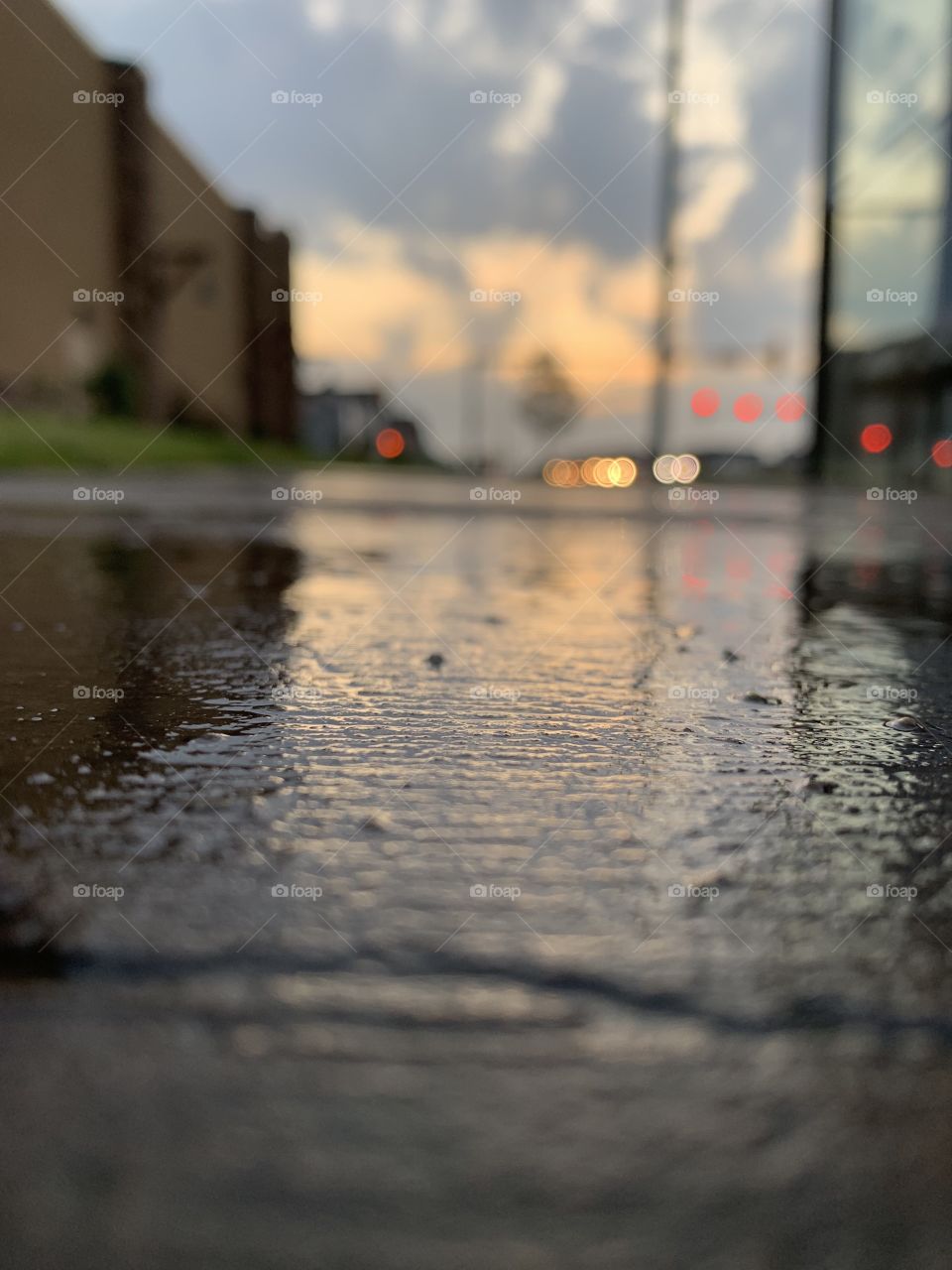 Wet road. A beautiful sunset after a rain. 
