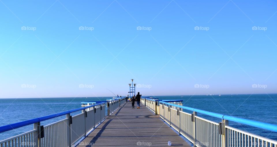 wood bridge and blue sky sea view background