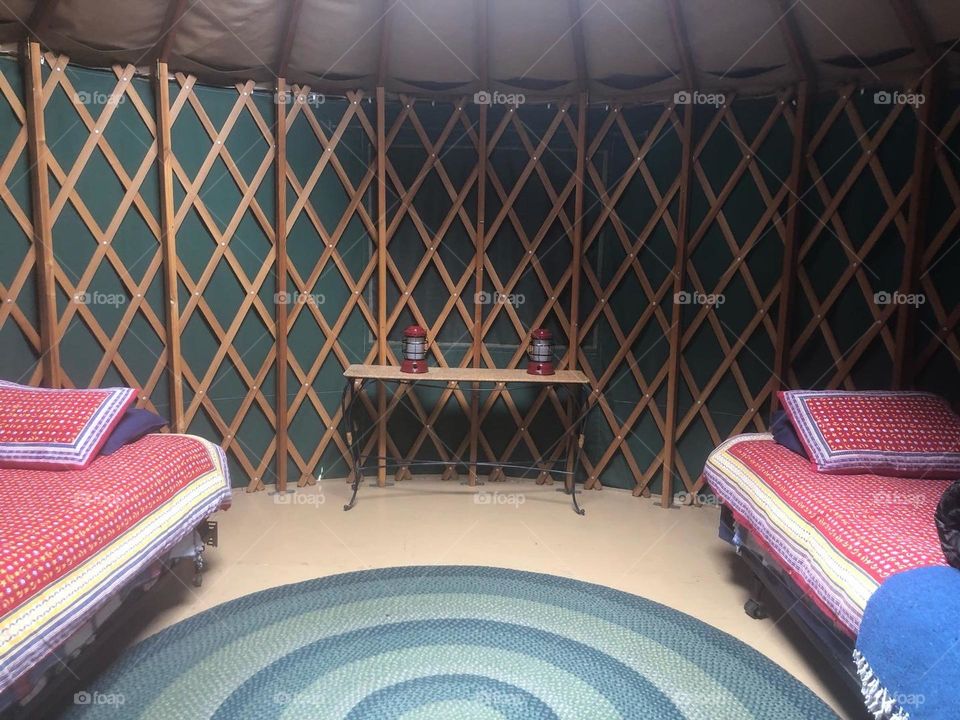 Yurt interior at feathered pipe ranch Montana 