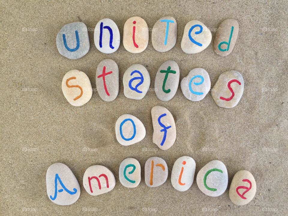 United States of America . USA, United States of America, country name on carved and colored stone letters
