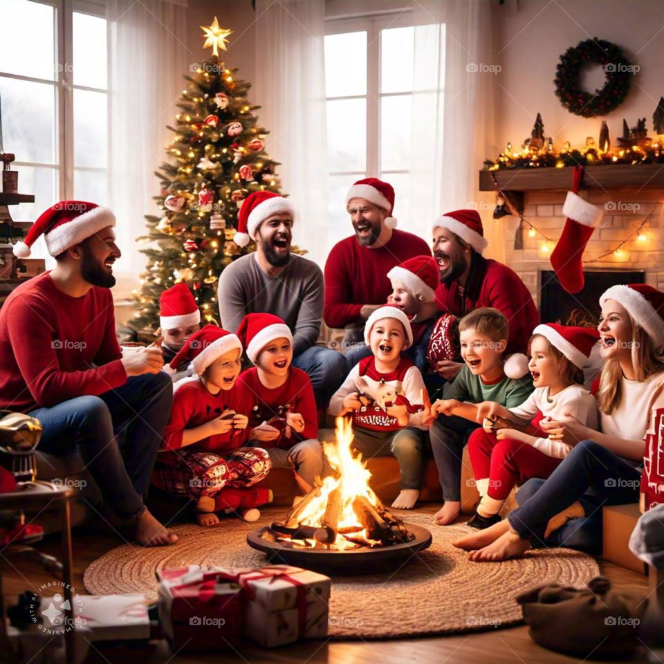 Here's a vivid description of the picture:

The picture depicts a joyful Christmas celebration in a cozy, snow-covered village. The scene is set at dusk, with the sky painted in hues of pink, orange, and purple.