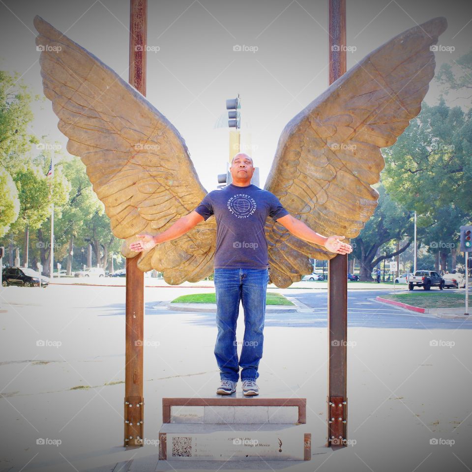 selfie, angel wings , Wings wide open. outside, Outdoors,