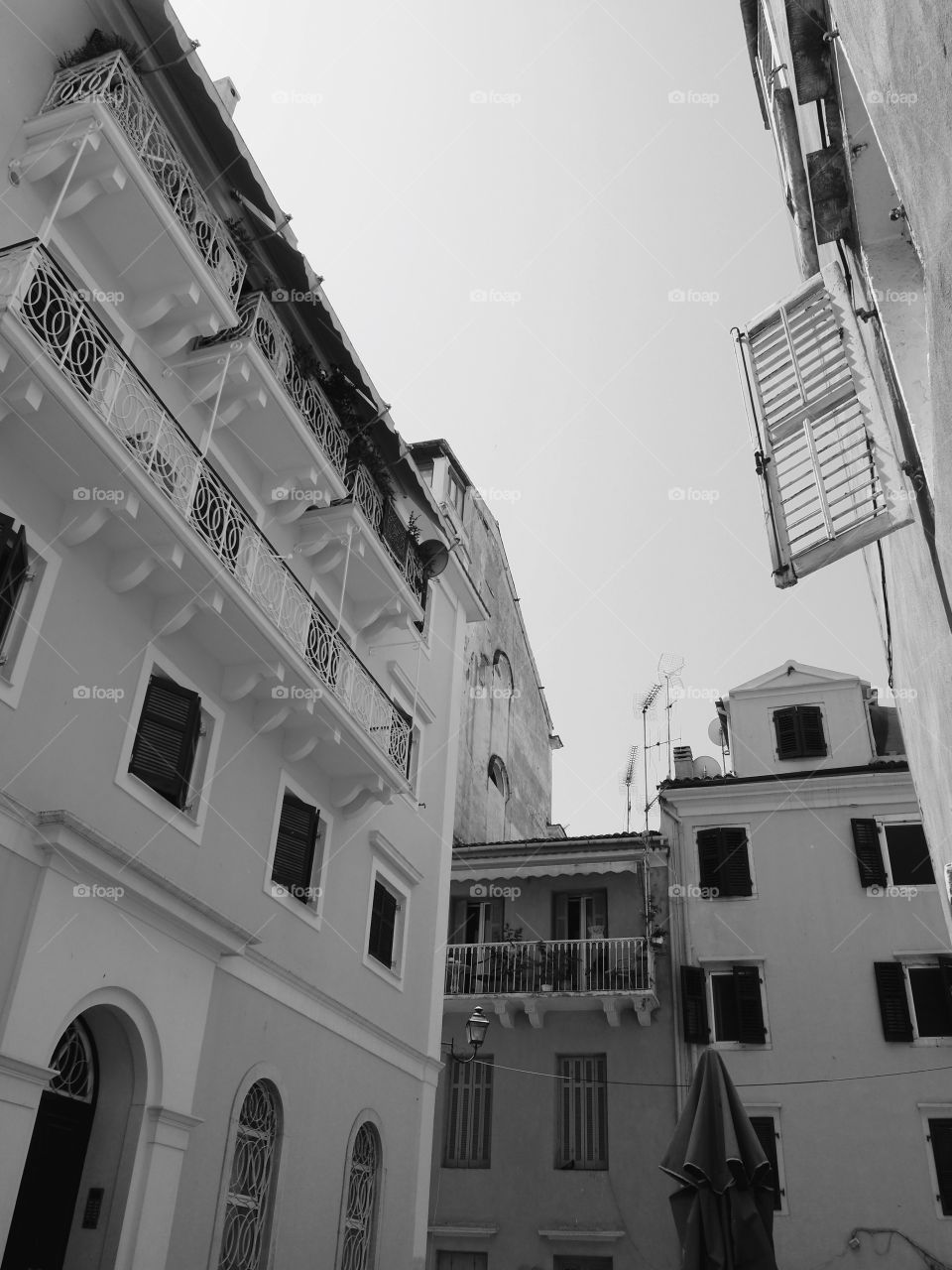 Black and white view of Corfu Town buildings, Greece