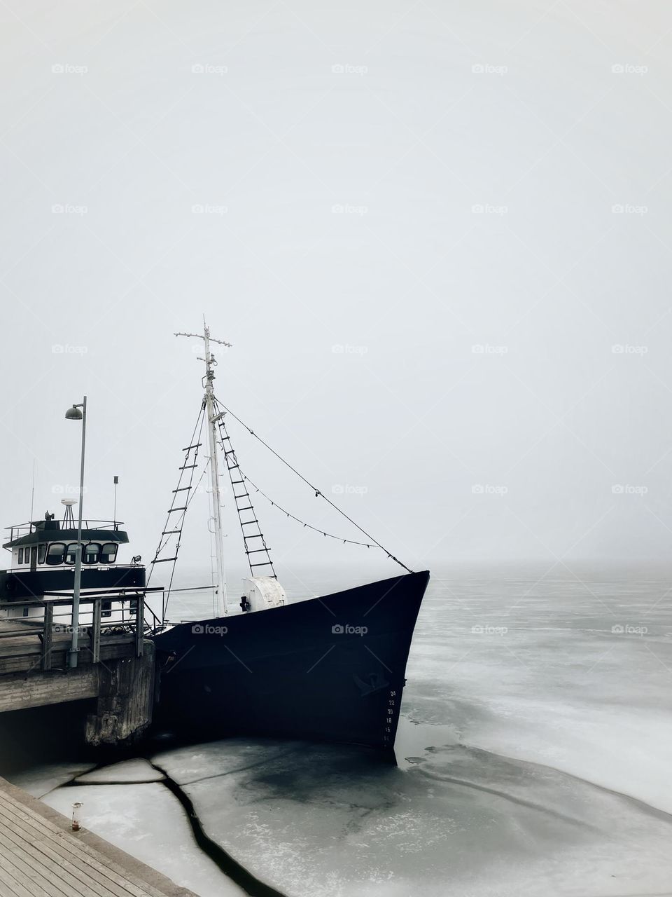 White, misty winter day by the seaside.