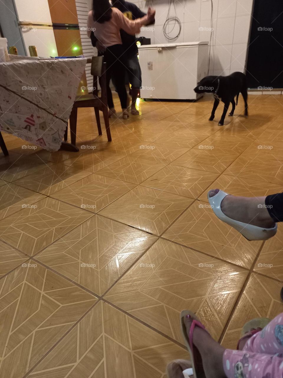 Almoço familiar; onde um casal, está dançando, pessoas sentadas conversando e, o pet observando e, vigiando  o ambiente