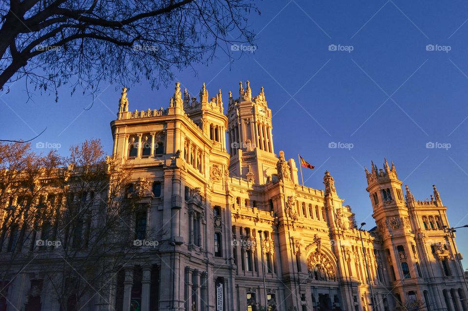 View of Palacio de Cibeles. Palacio de Cibeles, city hall of Madrid