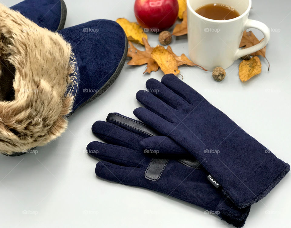 Midnight Isotoner Woman Gloves(Style 30002) with Navy Blue Isotoner Faux Fur Slippers, Cup of Apple Cider, leaves, acorns, apple