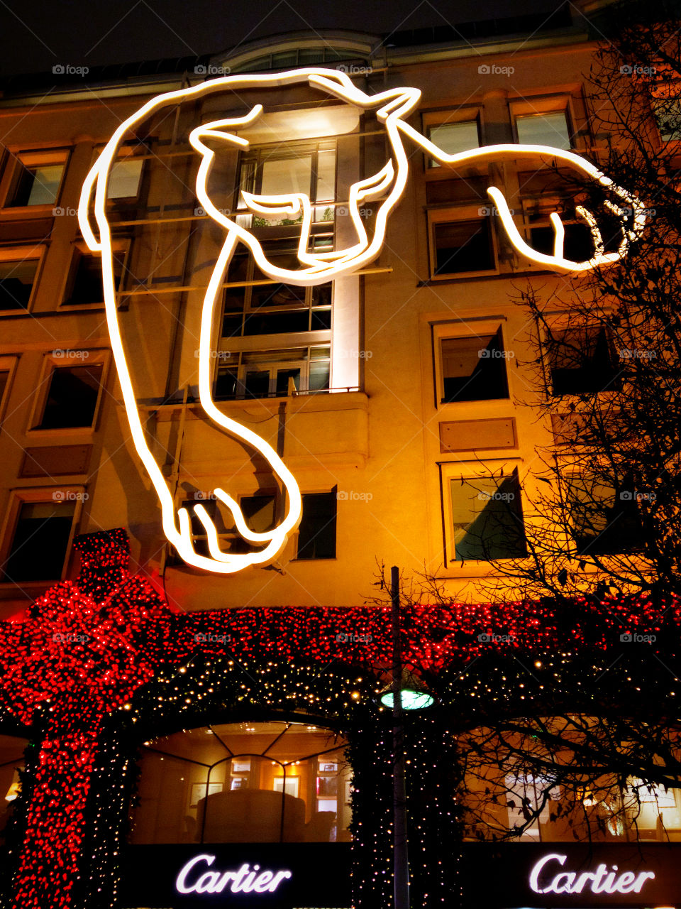 Moscow in the evening.  New Year street decorations.  On the wall of the house there is a figure of a tiger made of glowing garlands