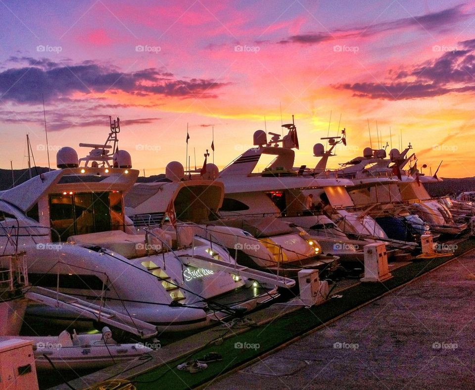 Luxury yachts at dusk in Saint Florent, Corsica