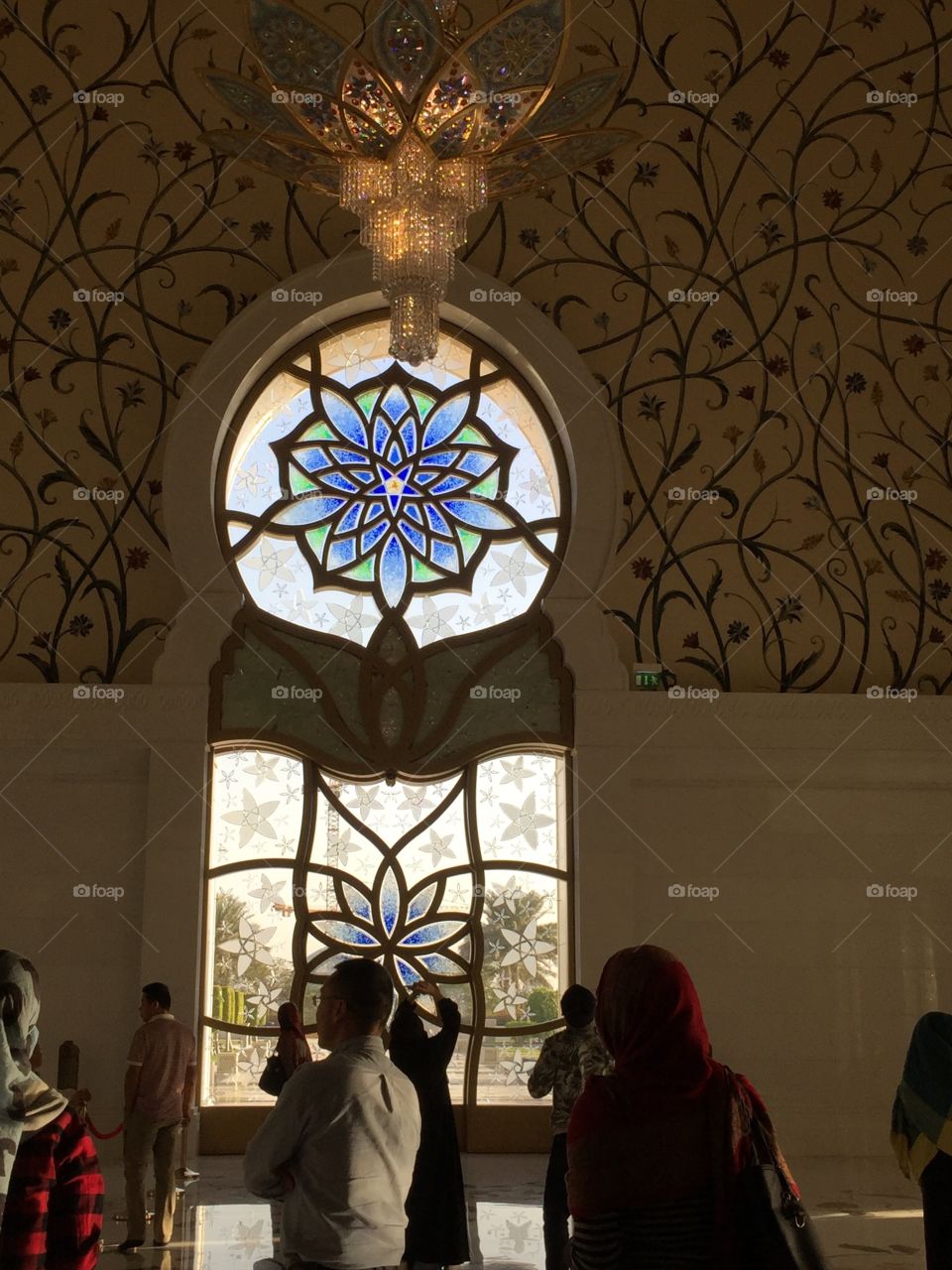 Sheikh Zayed Grand Mosque in Abu Dhabi,  inlaid flowers glass window