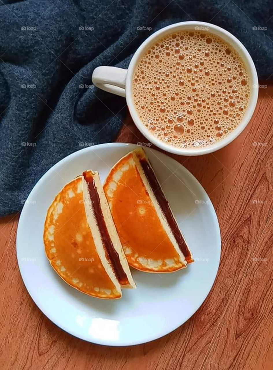 My favorite Japanese Dorayaki Pancakes with Srilankan style Milk Tea .