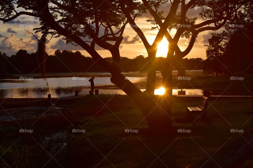 Man does some fishing at a nearby lake on a beautiful summers eve.