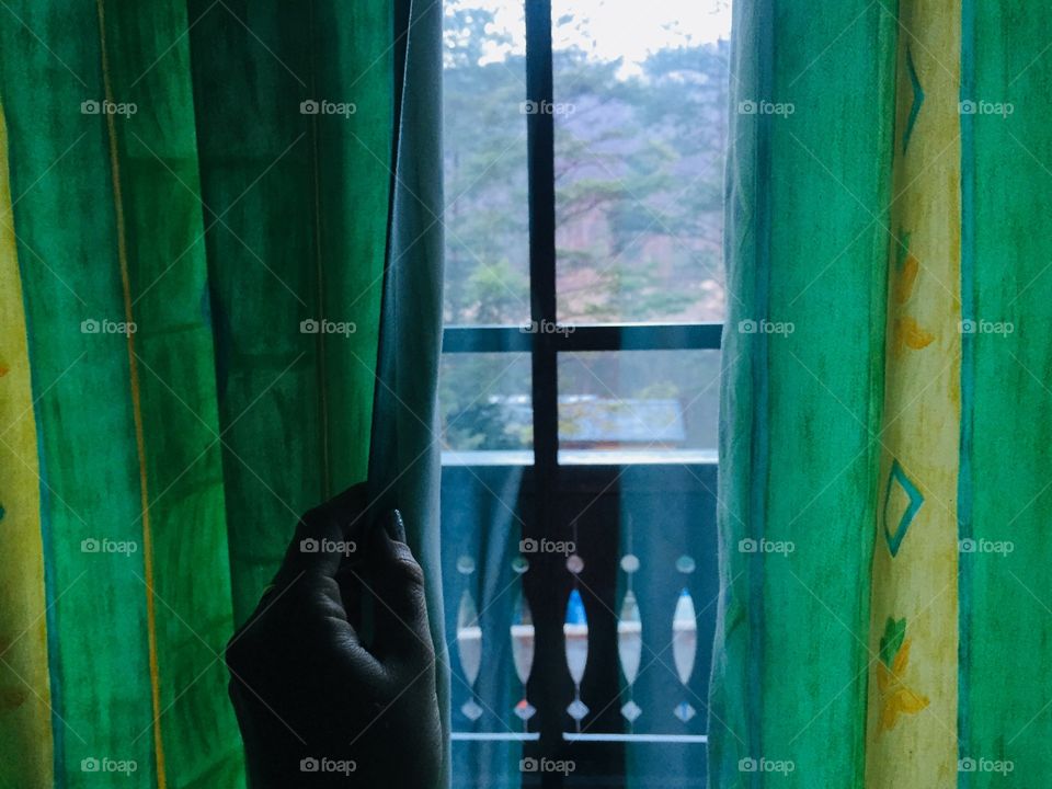 Hand pulling apart green curtains of the window revealing forest