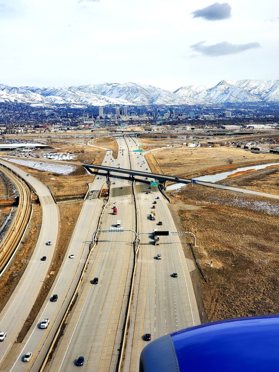 Passing over a highway on approach to the Salt Lake City airport