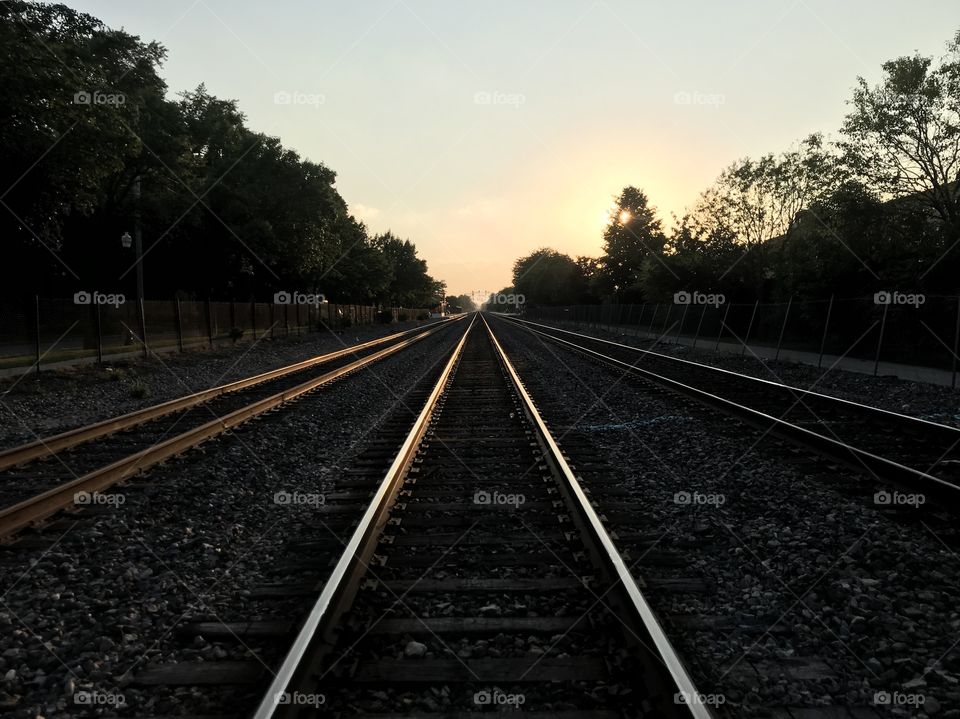 Taking during sunset on railroad tracks, leads into the distance.