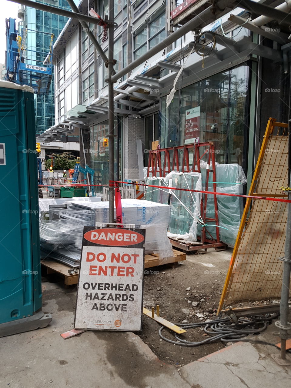 a construction site with danger sign