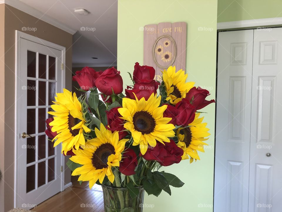 Beautiful Valentine’s Day flowers in the kitchen.