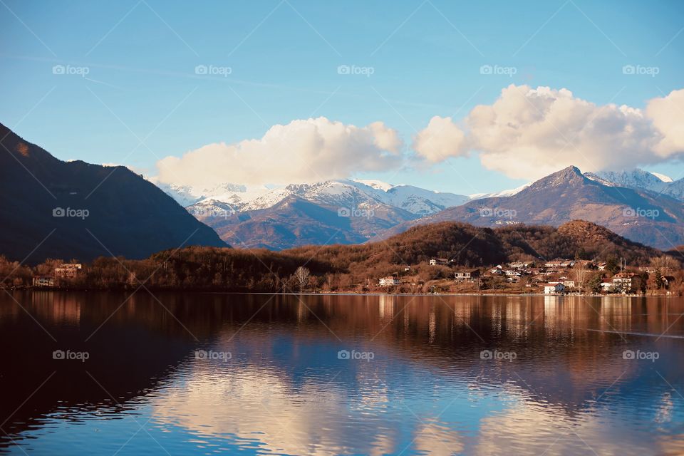 Blue lake water and orange trees 