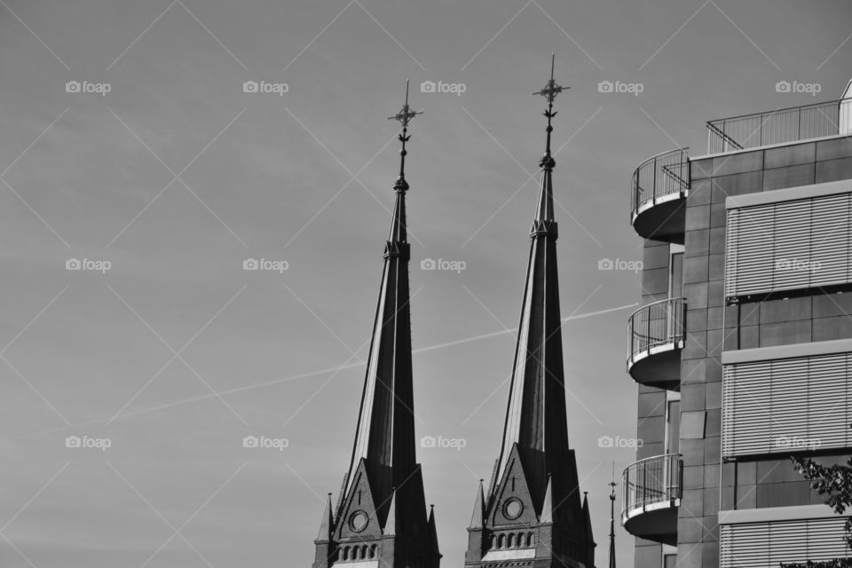 Twin tower in Skien . The towers of the Church in Skien captured in Black and white 
