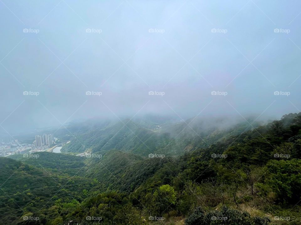 Surrounded by clouds and fog