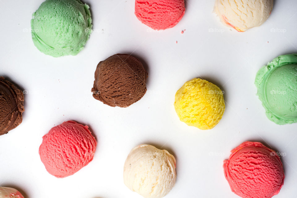 Variety of ice cream ball against white background