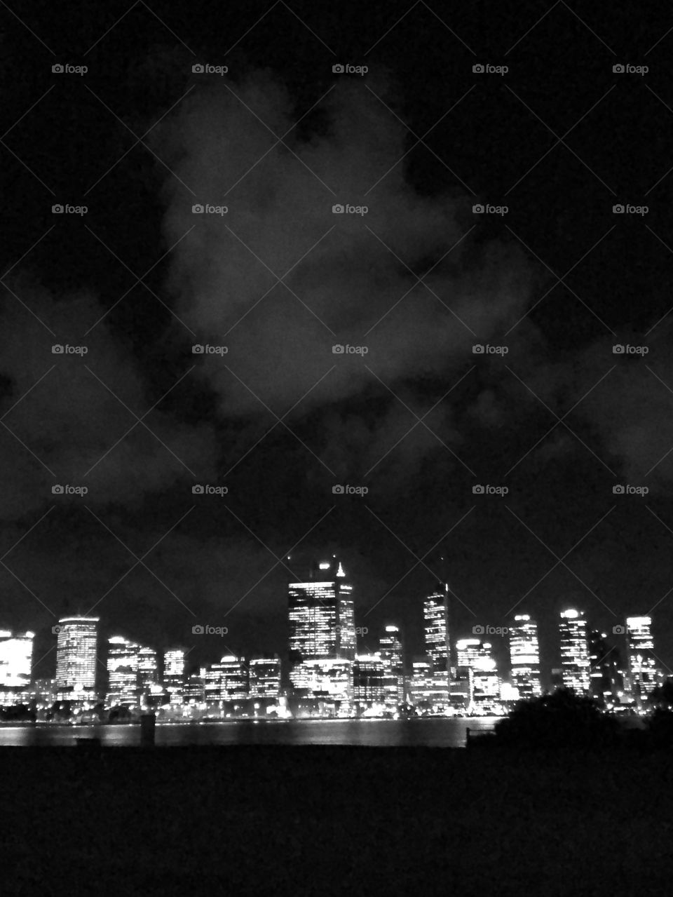Perth city view in the cloudy night black and white - The view from river side in South Perth, Australia. 