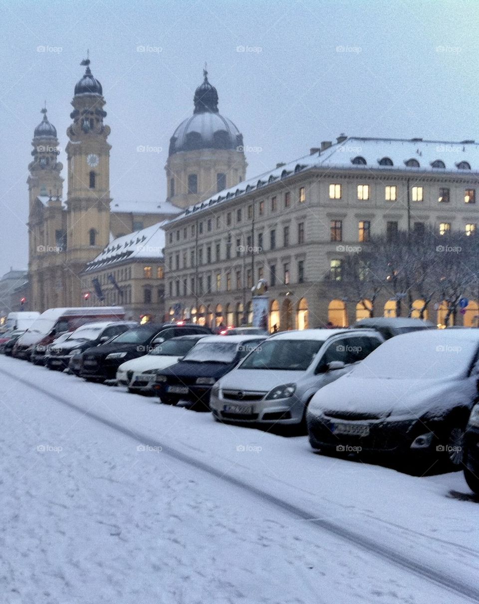 Cars covered in snow in St Petersburg, Russia