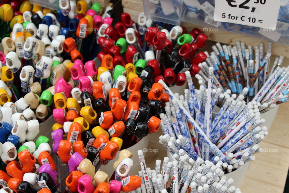 Souvenirs in Amsterdam flower market. Pencils with clogs! So cute! 