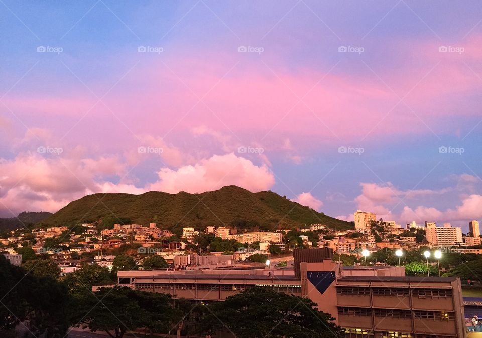 Pink sunset over punchbowl, Hawaii 