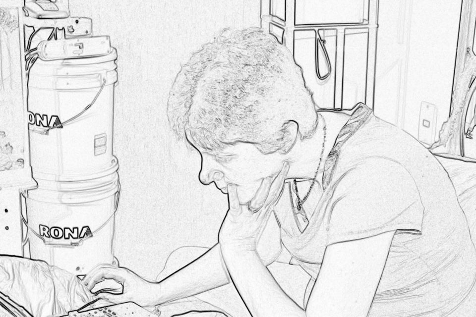 Working on the laptop 