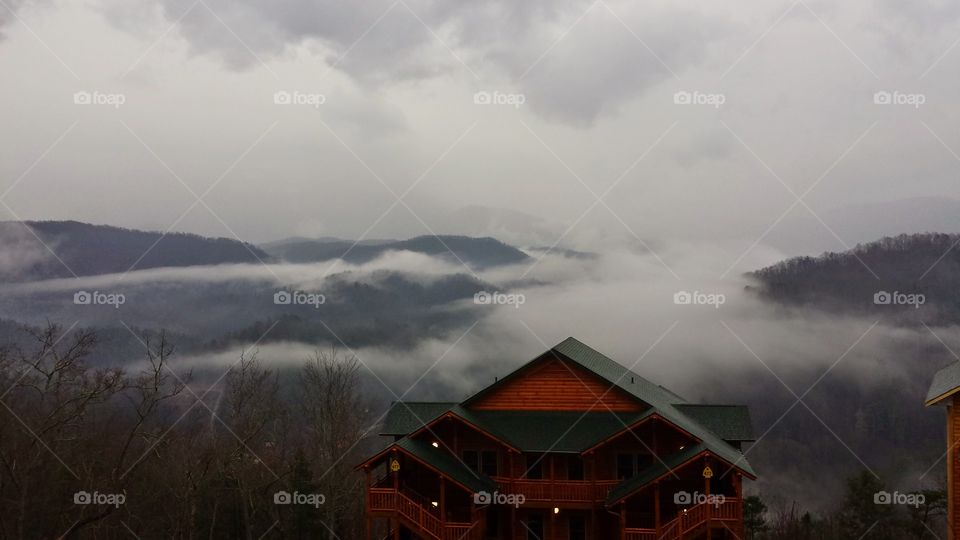 Smokey Mountain Morning . Early morning photo of the mountains with a cabin in the foreground 
