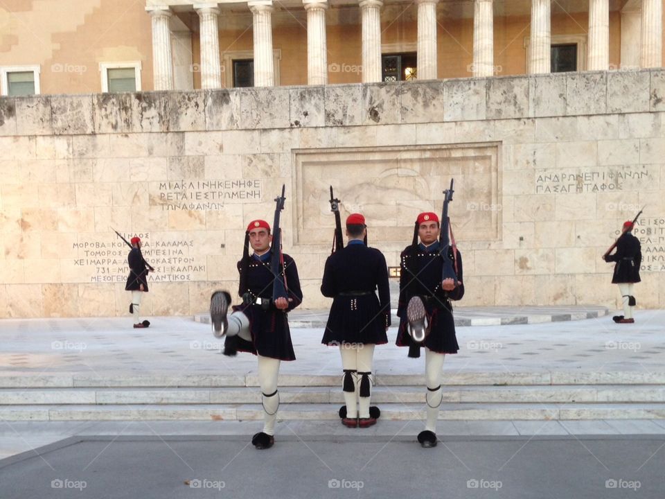Evzone Guards - guarding the tomb of the unknown soldier in Athens, Greece