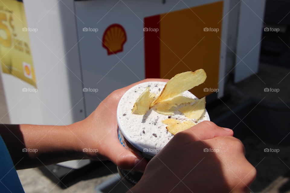 Potato chips crumbled on cookies and cream ice cream purchased at Shell gas station located at 110 Liberty St, Painesville, OH USA